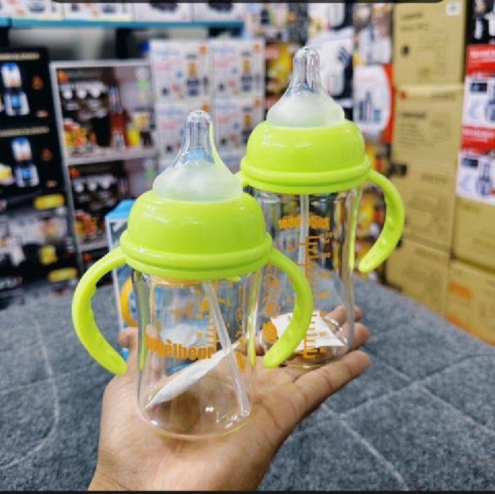 Baby Glass Feeder, Borosilicate Glass and Food Grade Silicone, PVC Free, Cartoon Style,270ml /300ml