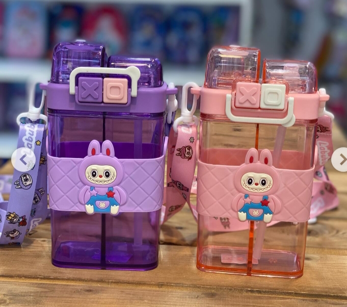 Themed dual-chamber plastic water bottle featuring a character-inspired design.