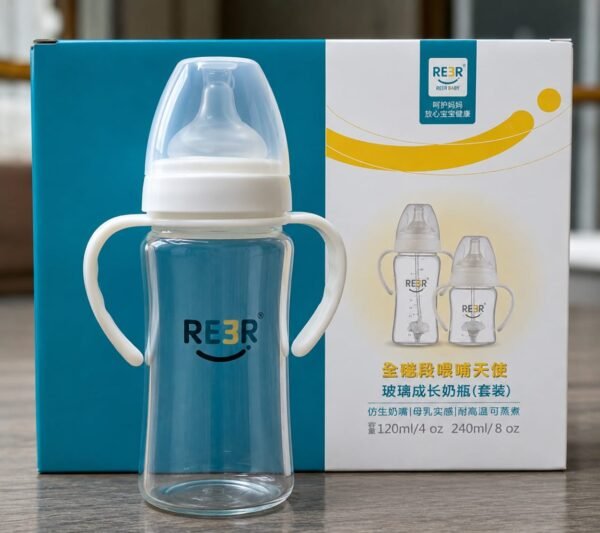 Pack of 1 pcs(The image shows REER wide-neck glass baby bottles, featuring premium glass construction, anti-colic nipples, and easy-grip handles for self-feeding.