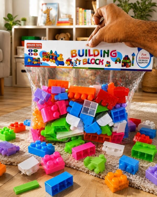 Building Blocks filled with colorful, assorted geometric plastic pieces designed for children's creative play.