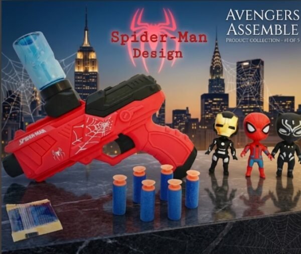 Spider-Man themed soft bullet toy blaster set featuring a red and black handgun, blue foam darts, a water/gel bottle attachment, and small mini figures of Iron Man, Spider-Man, and Black Panthe